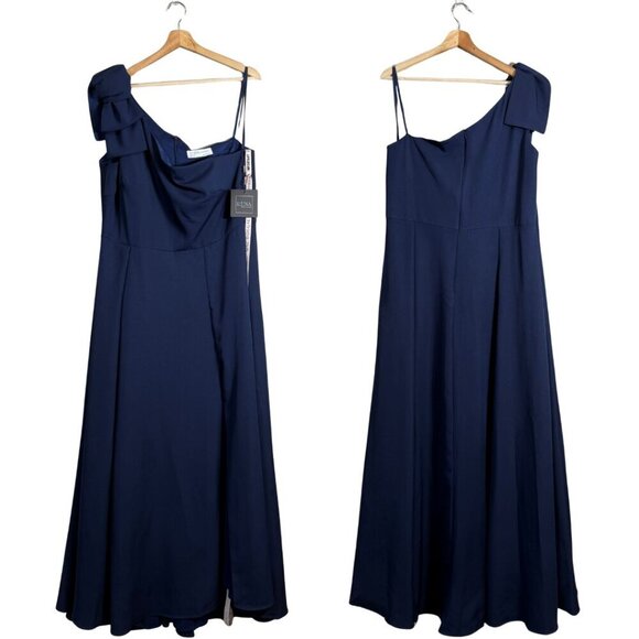 Ieena for Mac Duggal Bow One Shoulder A-Line Gown Womens 16 Navy Formal Slit NWT - Picture 3 of 16